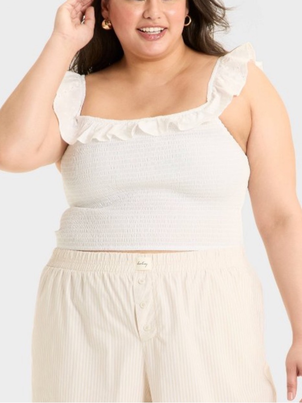 White Ruffle Off-Shoulder Smocked Crop Top